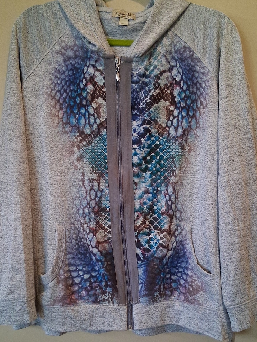 ONE WORLD Grey Hoodie with Blue Teal Snake-Print Panel